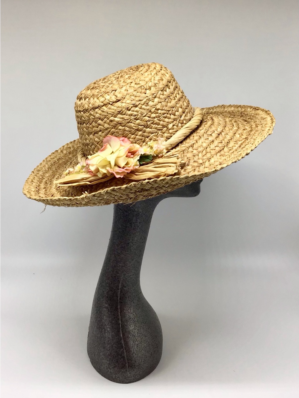 Straw Wide-Brim Sun Hat with Pink Floral Accent